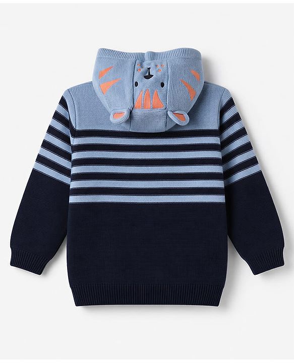 Babyhug Knit Hooded Sweater with Stripes & Tiger Design with Ear Applique - Blue
