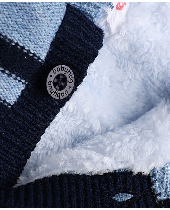 Babyhug Knit Hooded Sweater with Stripes & Tiger Design with Ear Applique - Blue
