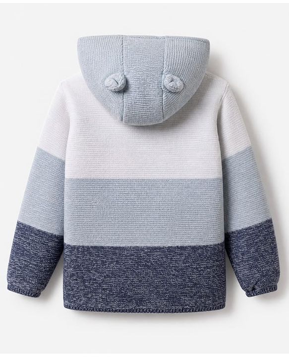 Babyhug Knit Front Open Full Sleeves Hooded Sweater with Bear Patch and Color Block - Blue