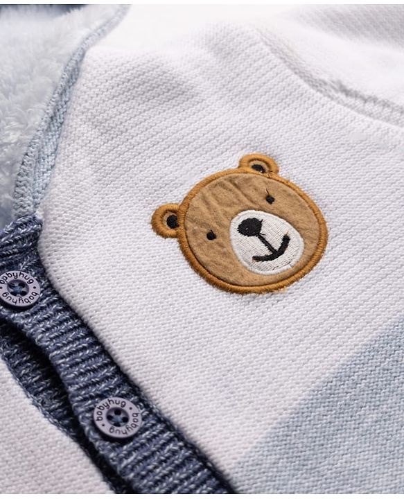 Babyhug Knit Front Open Full Sleeves Hooded Sweater with Bear Patch and Color Block - Blue