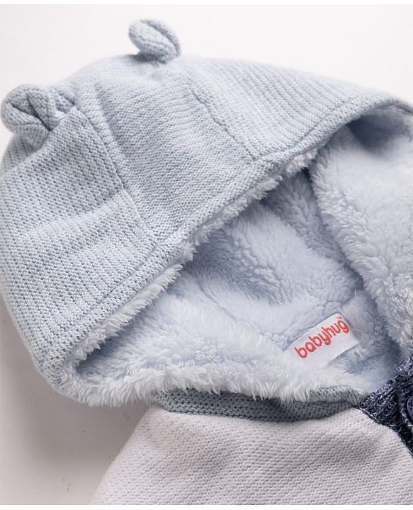 Babyhug Knit Front Open Full Sleeves Hooded Sweater with Bear Patch and Color Block - Blue
