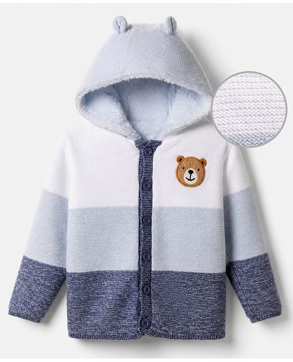 Babyhug Knit Front Open Full Sleeves Hooded Sweater with Bear Patch and Color Block - Blue