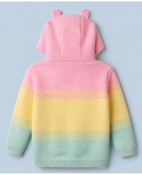 Babyhug Knit Front Open Full Sleeves Hooded Sweater with Fox Applique and Color Block - Yellow