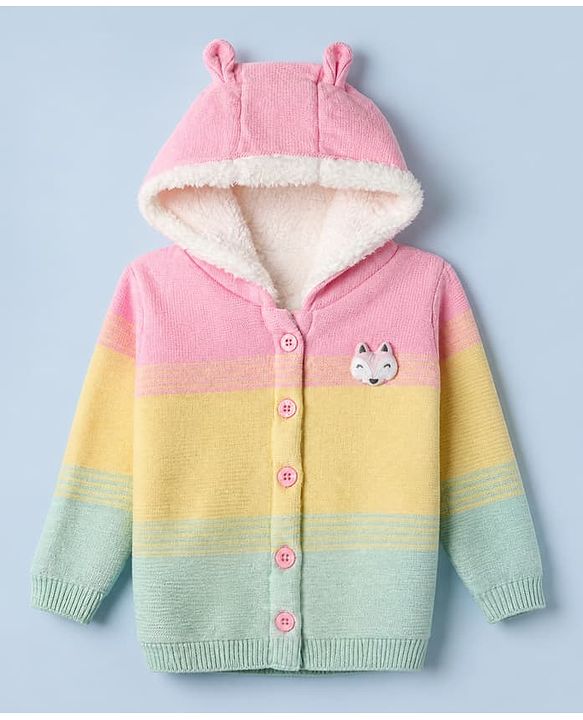 Babyhug Knit Front Open Full Sleeves Hooded Sweater with Fox Applique and Color Block - Yellow