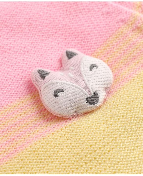Babyhug Knit Front Open Full Sleeves Hooded Sweater with Fox Applique and Color Block - Yellow