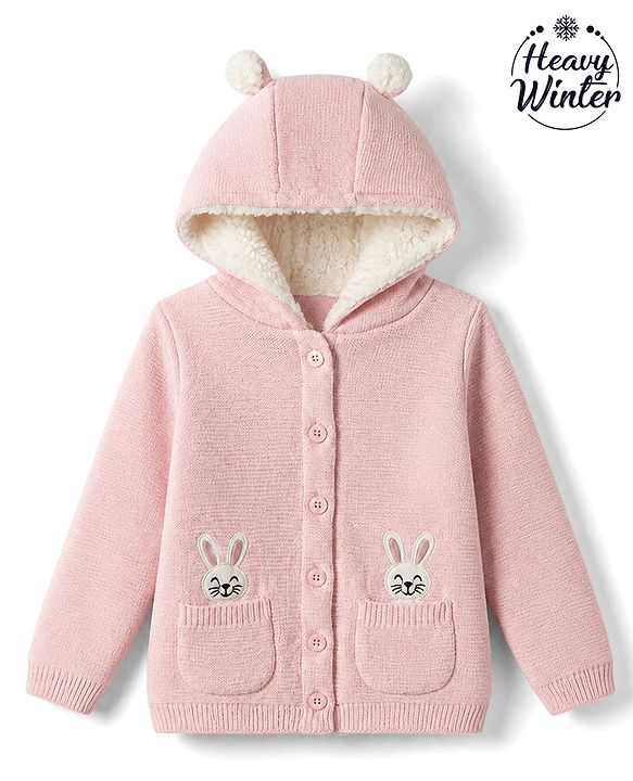 Babyhug Knit Full Sleeves Hooded Sweater With Bunny Patch - Pink