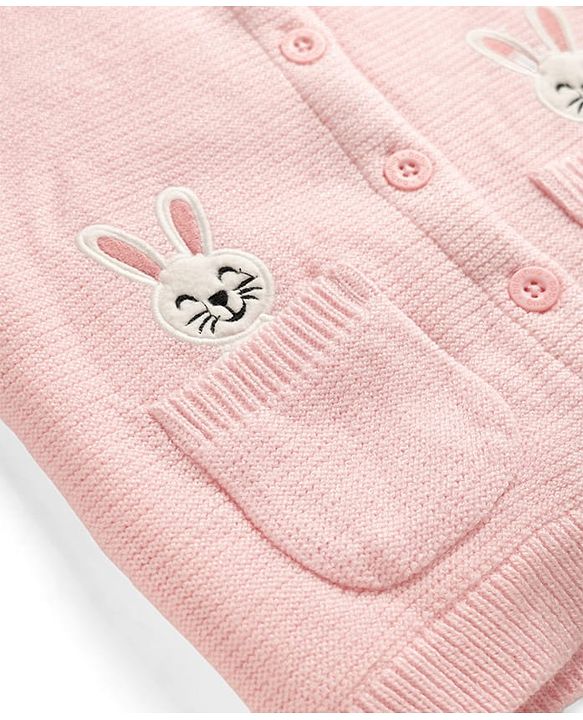 Babyhug Knit Full Sleeves Hooded Sweater With Bunny Patch - Pink
