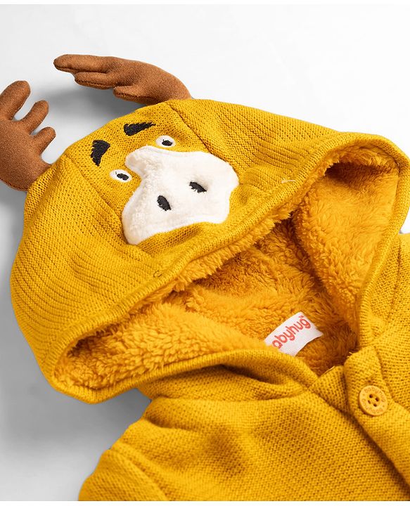 Babyhug Knit Full Sleeves Animal Embroidered Hooded Sweater -Yellow
