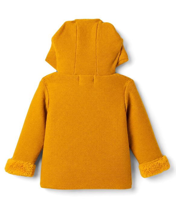 Babyhug Knit Full Sleeves Animal Embroidered Hooded Sweater -Yellow