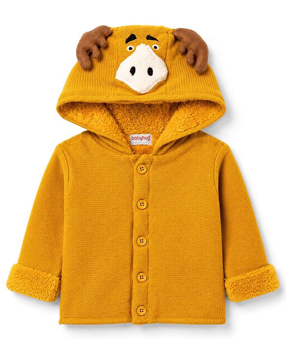 Babyhug Knit Full Sleeves Animal Embroidered Hooded Sweater -Yellow