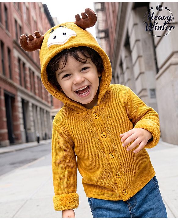 Babyhug Knit Full Sleeves Animal Embroidered Hooded Sweater -Yellow