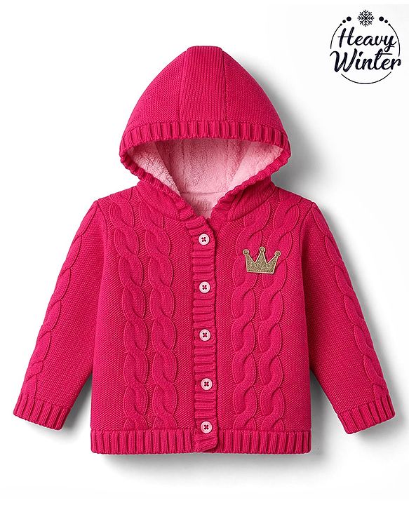 Babyhug Cable Fur- Lined Knit Full Sleeves Hooded Sweater with Crown Patch - Dark Pink
