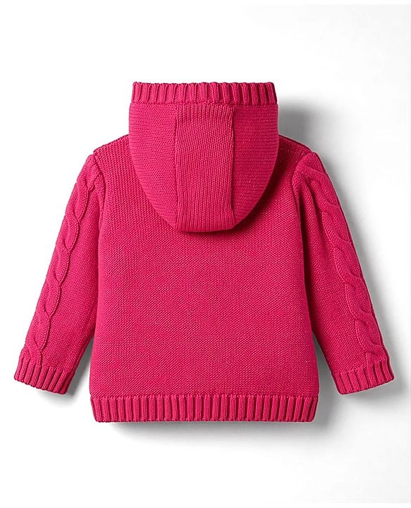 Babyhug Cable Fur- Lined Knit Full Sleeves Hooded Sweater with Crown Patch - Dark Pink