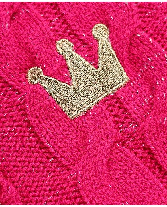 Babyhug Cable Fur- Lined Knit Full Sleeves Hooded Sweater with Crown Patch - Dark Pink