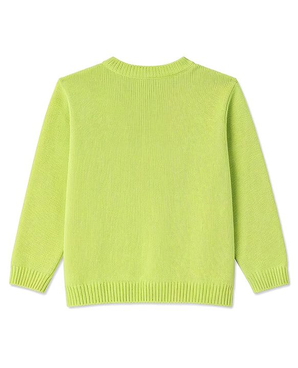 Babyhug Knit Full Sleeves Front Open Floral Embroidered Sweater - Green