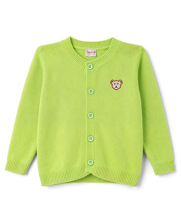 Babyhug Knit Full Sleeves Front Open Floral Embroidered Sweater - Green