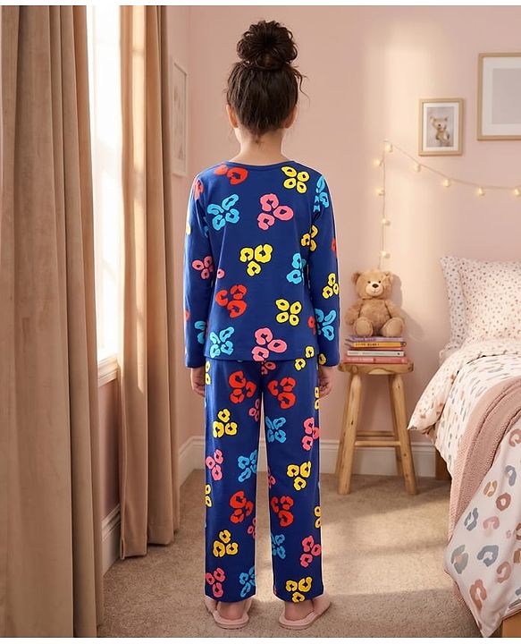 Pine Kids Cotton Knit Full Sleeves T-Shirt & Pyjama Co-ord Night Suit with Leopard Print - Navy Blue