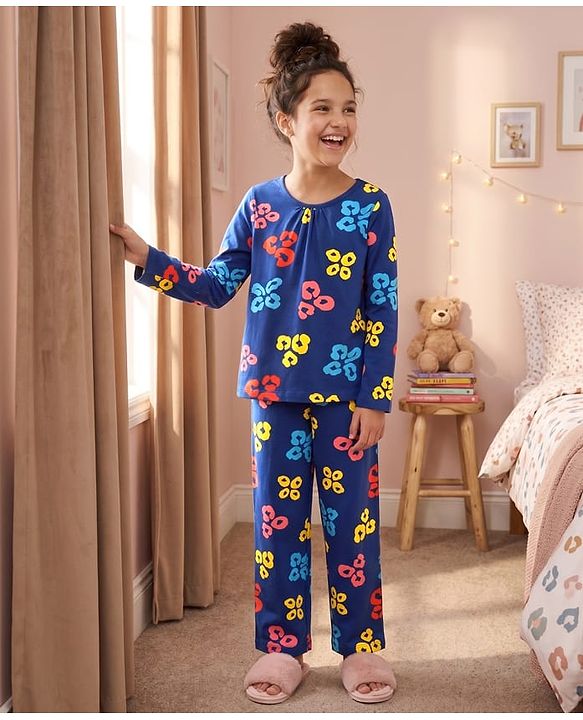 Pine Kids Cotton Knit Full Sleeves T-Shirt & Pyjama Co-ord Night Suit with Leopard Print - Navy Blue