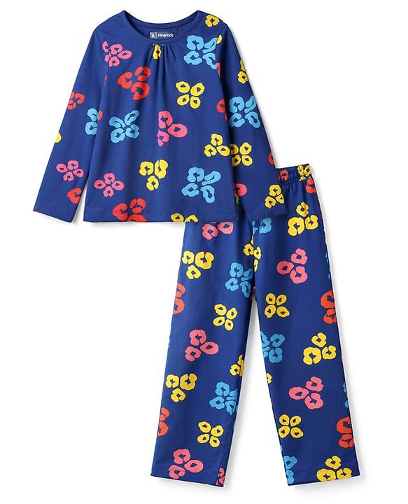 Pine Kids Cotton Knit Full Sleeves T-Shirt & Pyjama Co-ord Night Suit with Leopard Print - Navy Blue