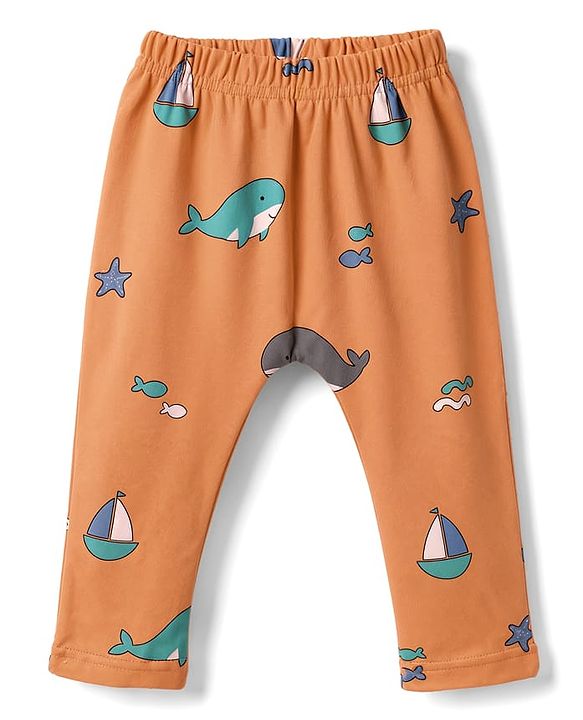 Babyhug Cotton Interlock Knit Full Length Diaper Leggings With Sea Life Print Pack of 3 - Multicolor