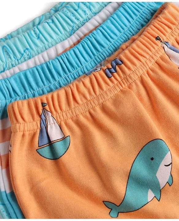 Babyhug Cotton Interlock Knit Full Length Diaper Leggings With Sea Life Print Pack of 3 - Multicolor