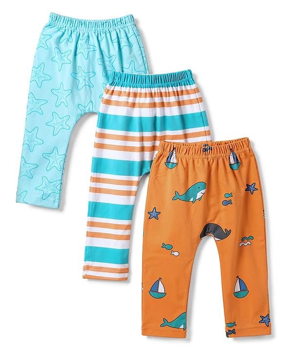 Babyhug Cotton Interlock Knit Full Length Diaper Leggings With Sea Life Print Pack of 3 - Multicolor