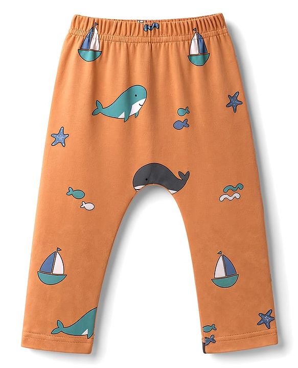 Babyhug Cotton Interlock Knit Full Length Diaper Leggings With Sea Life Print Pack of 3 - Multicolor