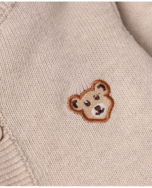Babyhug Knit Full Sleeves Front Open Sweater with Cub Face Embroidered - Tan