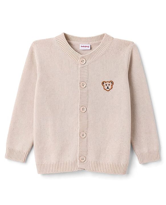 Babyhug Knit Full Sleeves Front Open Sweater with Cub Face Embroidered - Tan