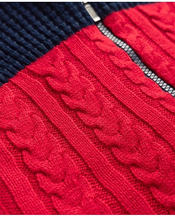 Babyhug Fur- Lined Knit Full Sleeves Hooded Sweater with Colour Block Design - Red