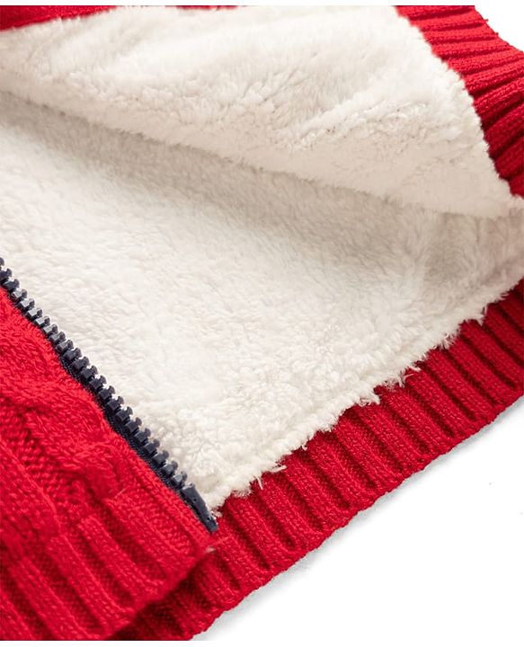 Babyhug Fur- Lined Knit Full Sleeves Hooded Sweater with Colour Block Design - Red