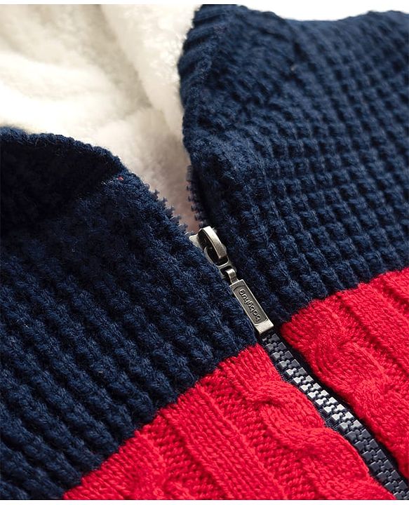 Babyhug Fur- Lined Knit Full Sleeves Hooded Sweater with Colour Block Design - Red
