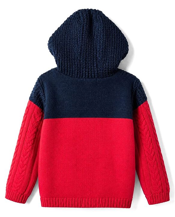 Babyhug Fur- Lined Knit Full Sleeves Hooded Sweater with Colour Block Design - Red
