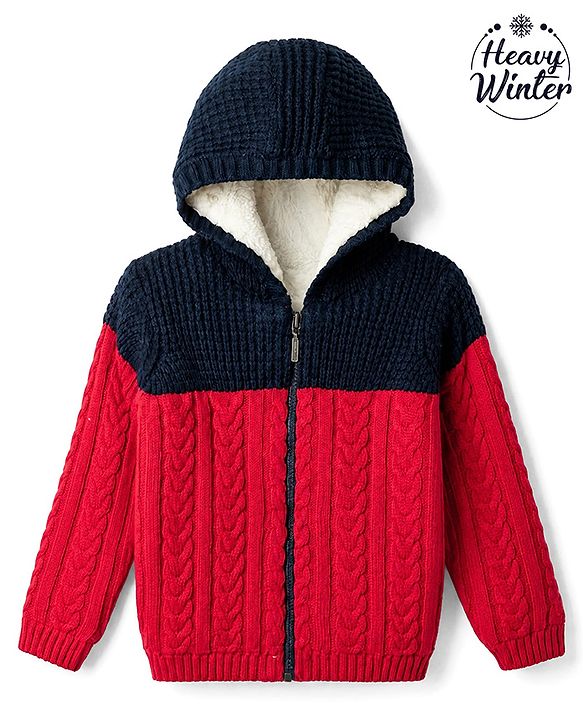 Babyhug Fur- Lined Knit Full Sleeves Hooded Sweater with Colour Block Design - Red