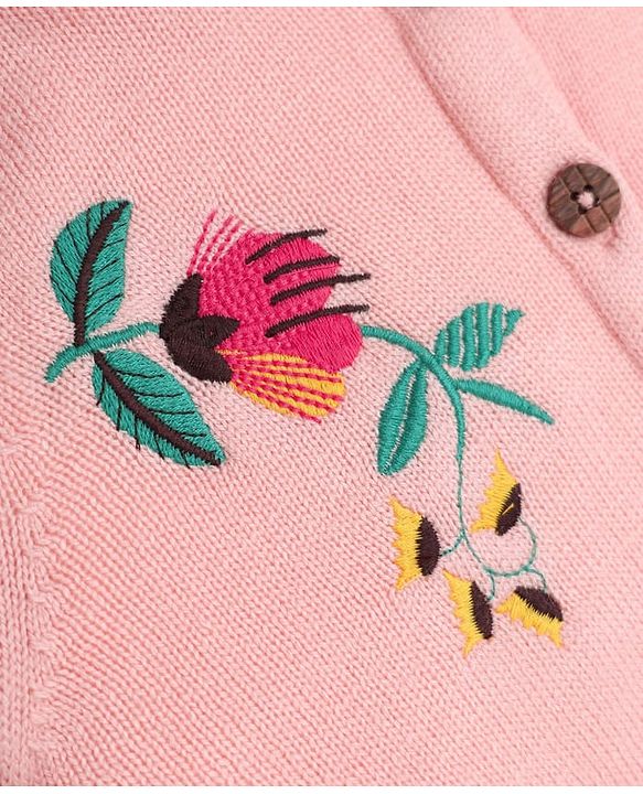 Babyhug Knit Front Open Hooded Sweater with Full Sleeves and Flowers and Bird Embroidery in Pink