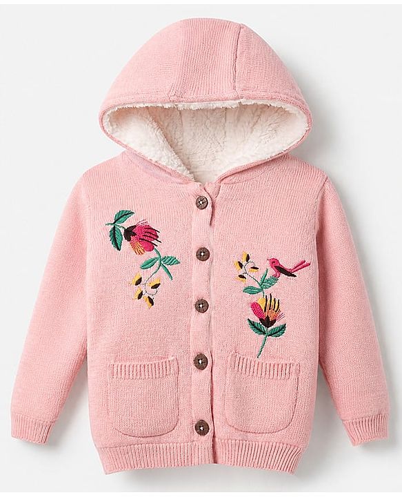 Babyhug Knit Front Open Hooded Sweater with Full Sleeves and Flowers and Bird Embroidery in Pink