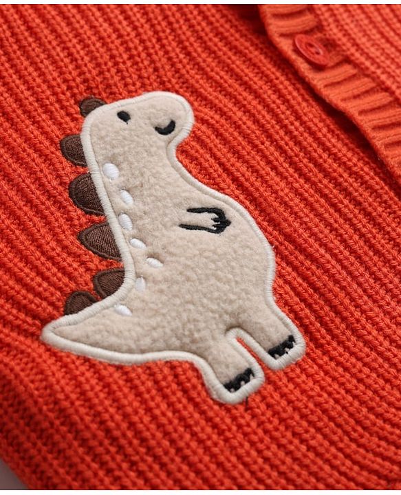 Babyhug Fur- Lined Knit Full Sleeves Hooded Sweater with Dinosaur Patch - Red