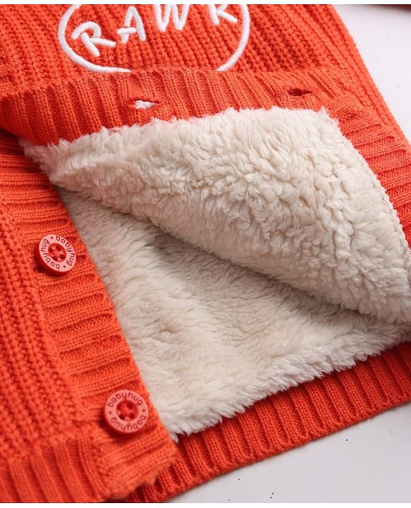 Babyhug Fur- Lined Knit Full Sleeves Hooded Sweater with Dinosaur Patch - Red