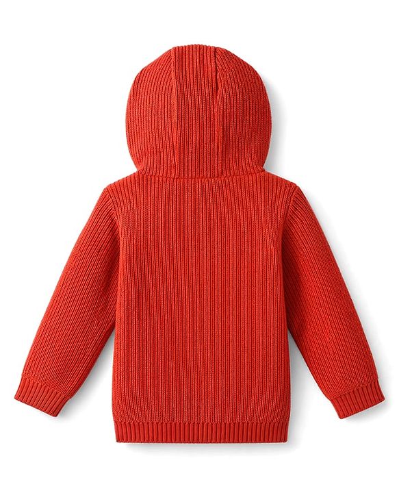 Babyhug Fur- Lined Knit Full Sleeves Hooded Sweater with Dinosaur Patch - Red