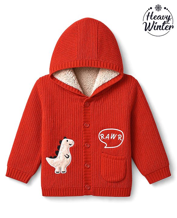 Babyhug Fur- Lined Knit Full Sleeves Hooded Sweater with Dinosaur Patch - Red
