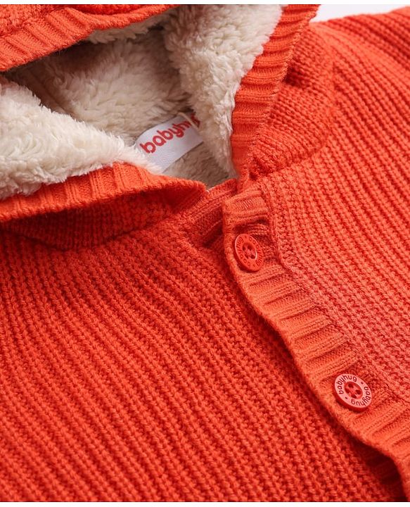 Babyhug Fur- Lined Knit Full Sleeves Hooded Sweater with Dinosaur Patch - Red