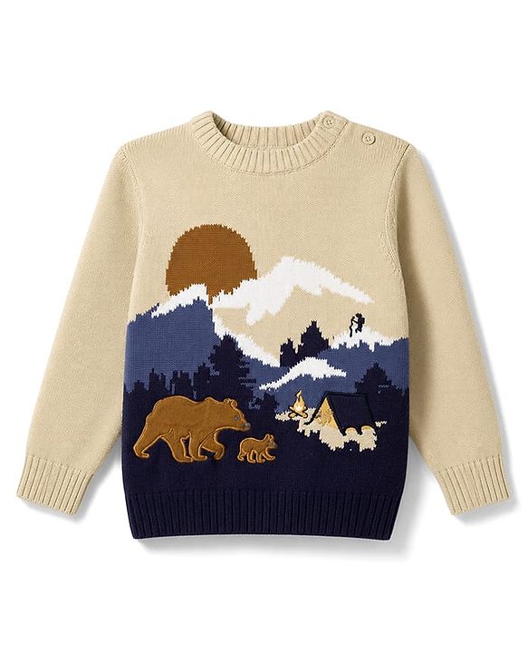 Babyhug Knit Full Sleeves Bear Embroidered Pullover Sweater - Beige