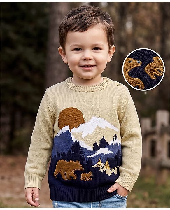 Babyhug Knit Full Sleeves Bear Embroidered Pullover Sweater - Beige