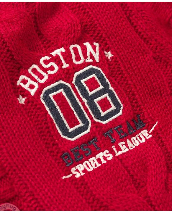 Babyhug Knit Full Sleeves Hooded Text Printed Sweater With Cable Knit - Red