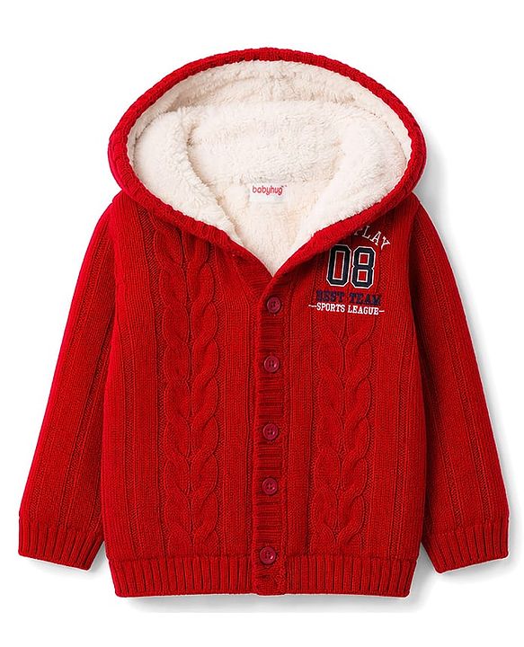 Babyhug Knit Full Sleeves Hooded Text Printed Sweater With Cable Knit - Red