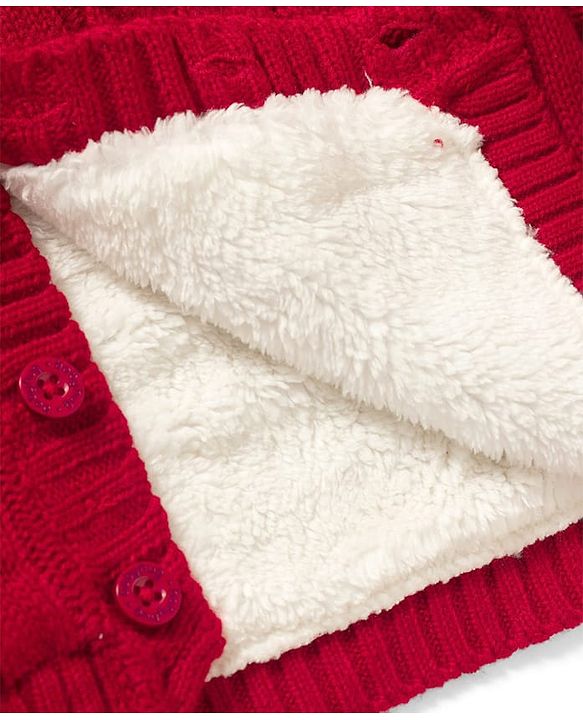 Babyhug Knit Full Sleeves Hooded Text Printed Sweater With Cable Knit - Red