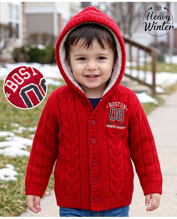 Babyhug Knit Full Sleeves Hooded Text Printed Sweater With Cable Knit - Red