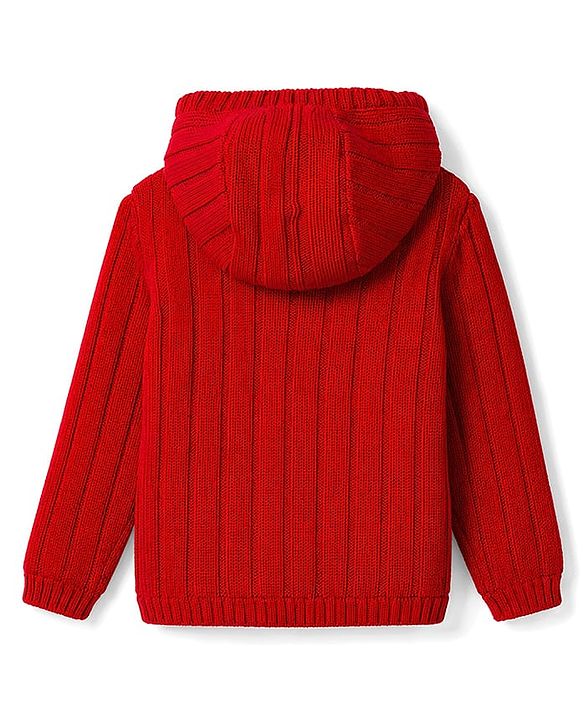 Babyhug Knit Full Sleeves Hooded Text Printed Sweater With Cable Knit - Red