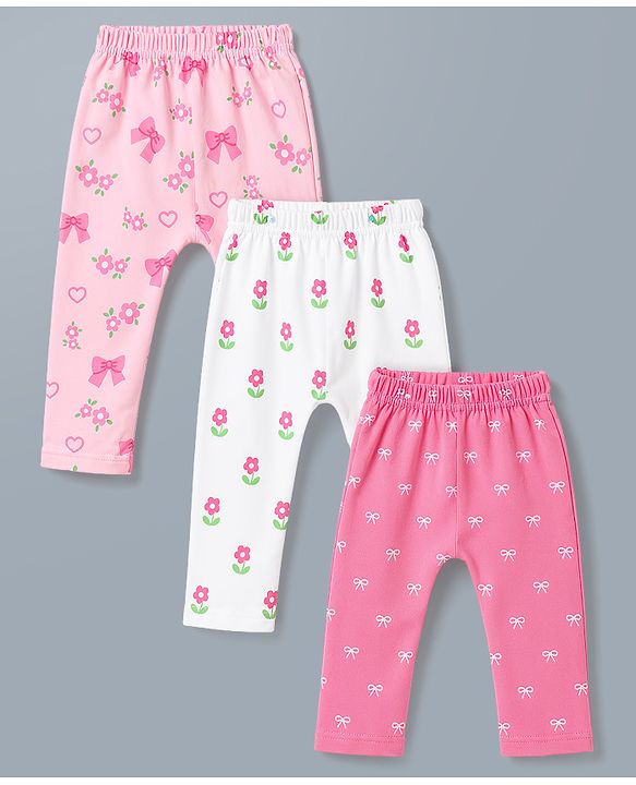 Babyhug Cotton Knit Full Length Diaper Leggings WIth Floral & Bow Print Pack of 3 - Multicolor