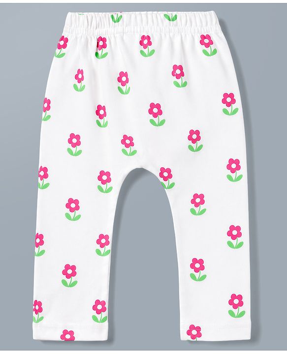 Babyhug Cotton Knit Full Length Diaper Leggings WIth Floral & Bow Print Pack of 3 - Multicolor